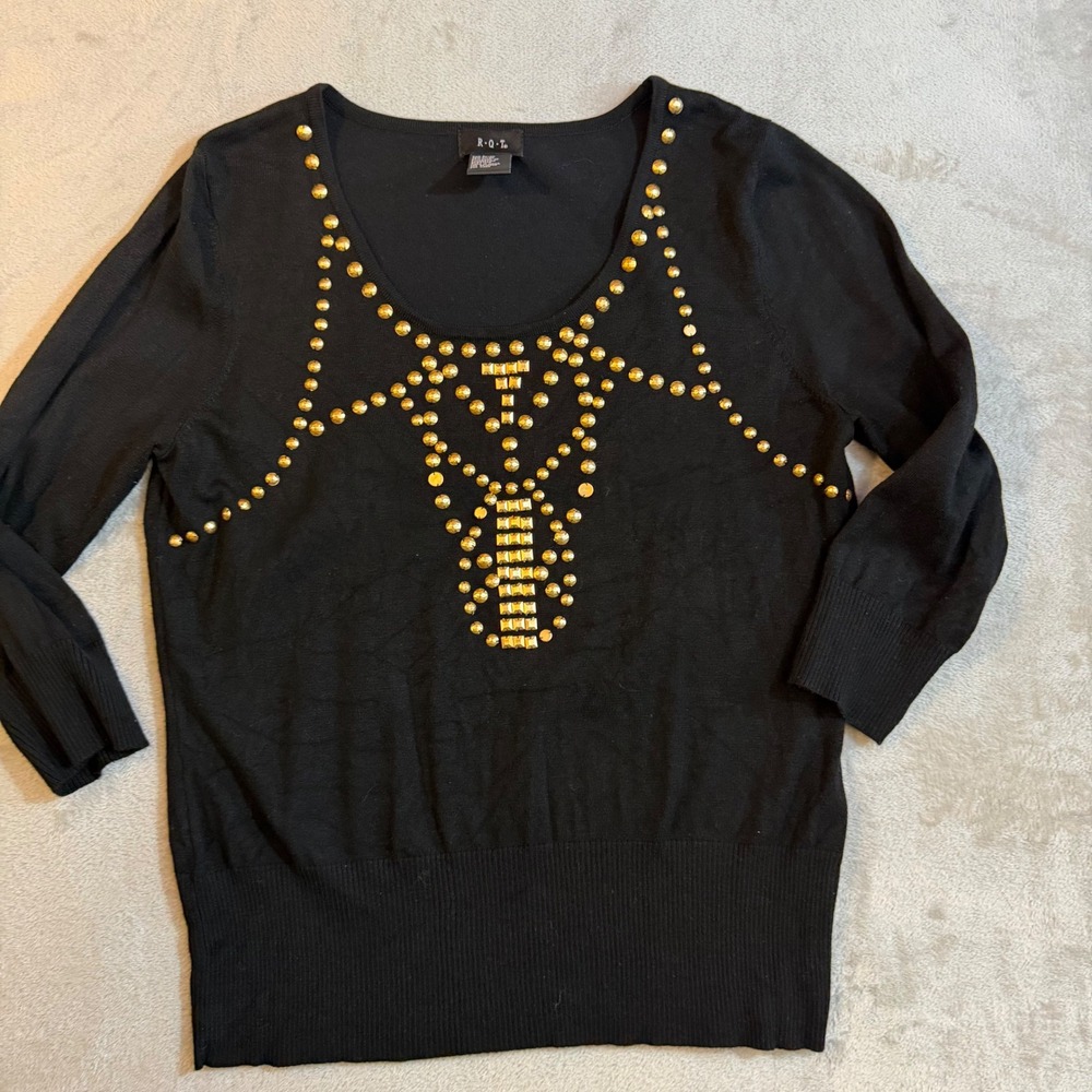 80s Black Studded Scoop Neck Sweater Womens Large 3/4 Sleeve Gold Embellished
